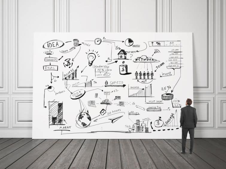 Man looking at business strategy on a giant whiteboard, considering his planning