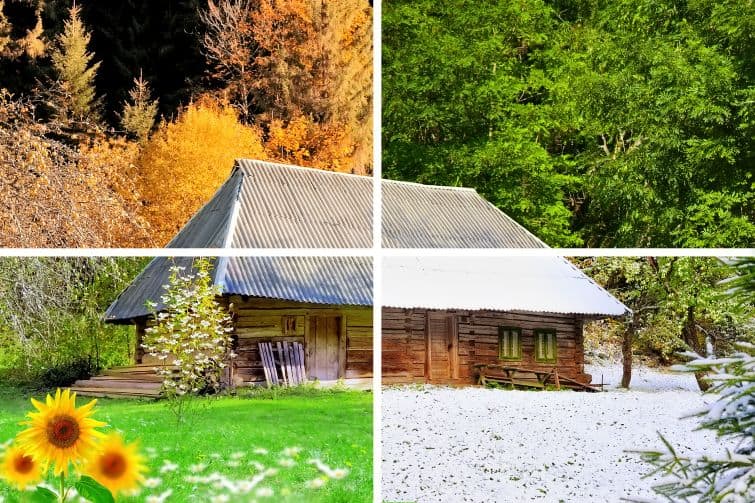 Four seasons in one photo. The wooden house that shows change is constant